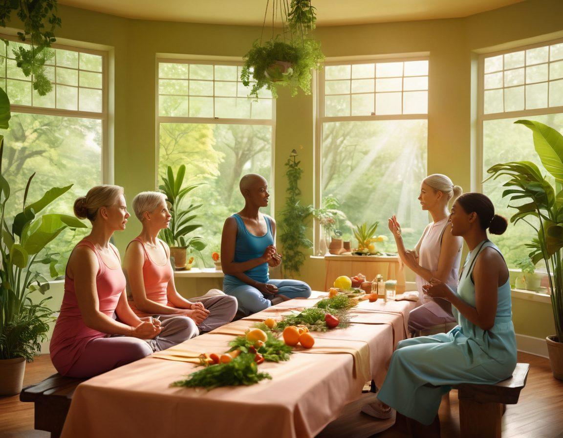 A serene and uplifting scene depicting a diverse group of individuals engaged in a wellness workshop, incorporating elements of nature like lush greenery and gentle sunlight. Include visuals of healthy food, medical elements like ribbons and awareness symbols, and supportive interactions that convey empowerment and unity against cancer. The atmosphere should feel hopeful and inspiring, encouraging wellness and proactive health strategies. vibrant colors. super-realistic.